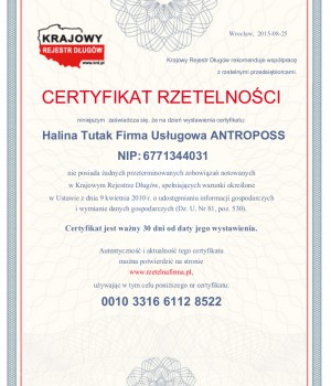 7.Certyfikat Rzetelnosci Halina Tutak Firma Uslugowa ANTROPOSS [PL]